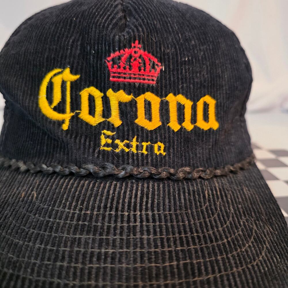 Vintage Corona Extra‎ Black Corduroy Spellout Rope Snapback Hat OSFA - Picture 2 of 7